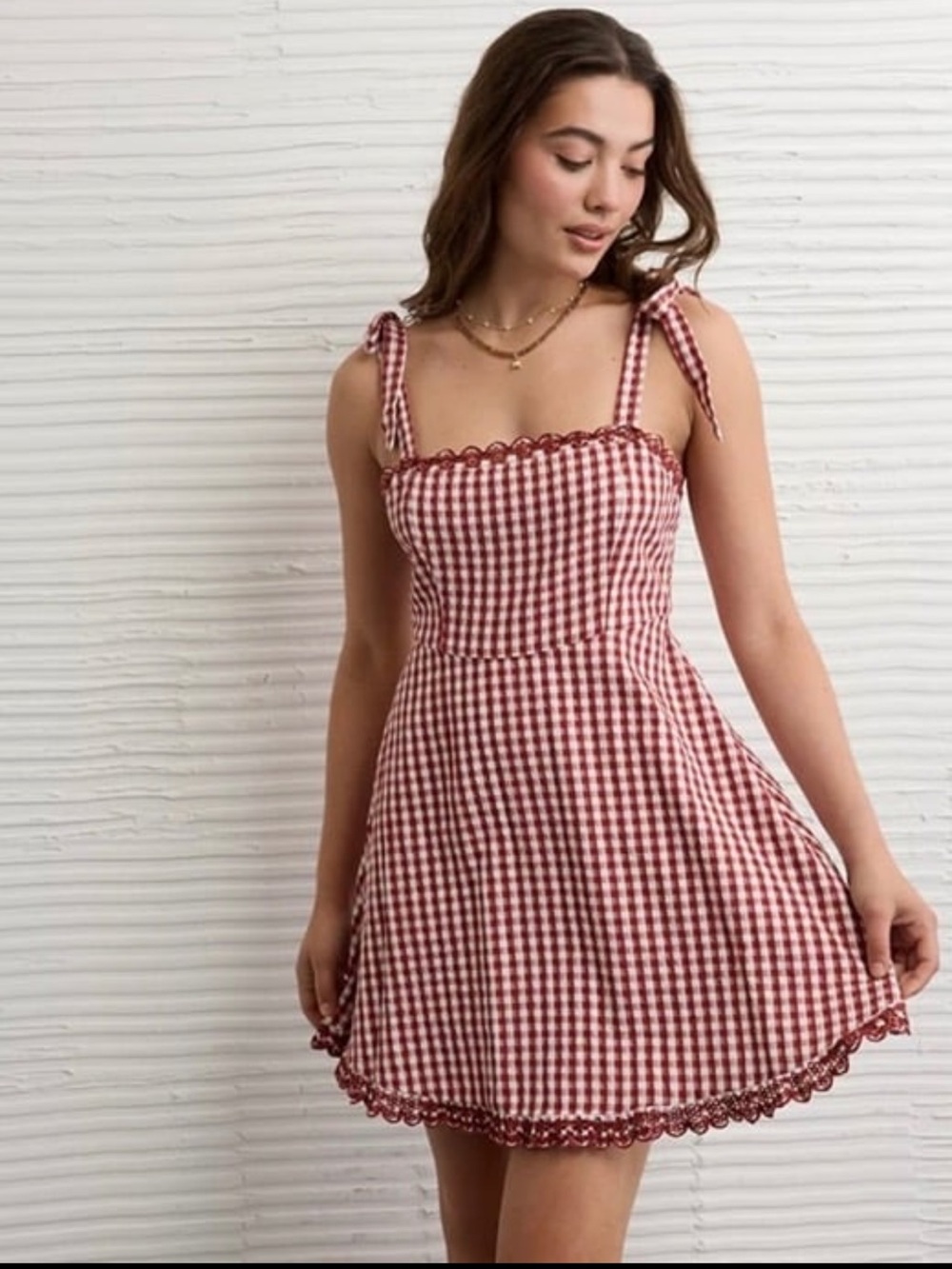 American Eagle Outfitters Red Gingham Tie-Shoulder Mini Dress